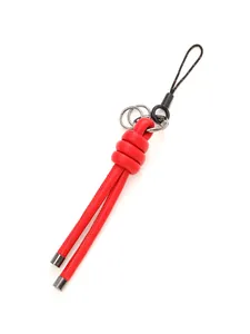Red braided leather rope keychain charm for phone or bag detail view
