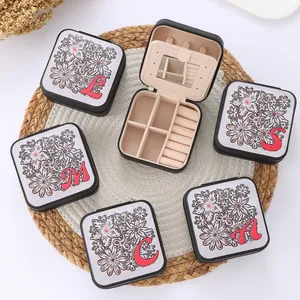 Portable PU Leather Jewelry Box Mini Travel Case With Mirror Alphabet Floral Pattern Zippered Small Jewelry Storage Organizer