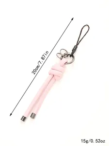 Close-up detail view showing the 20cm length and 15g weight of pink leather cord charm.