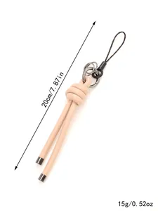Detailed view of beige knotted leather rope keychain with length and weight indicators