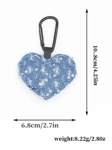 Llavero de corazón de mezclilla azul con dimensiones y peso detallados ahora