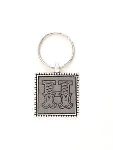 Antique silver finish metal keychain with square pendant featuring vintage engraved letter H