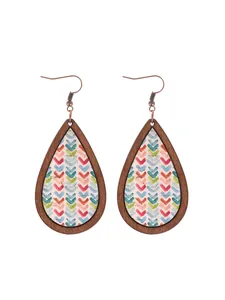Bohemian teardrop wooden earrings with colorful chevron pattern and bronze hooks.