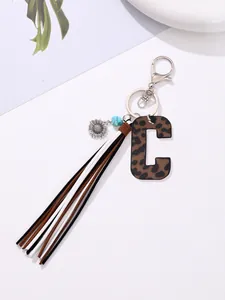 Western leopard print leather letter C keychain with stylish tassel and sunflower charm