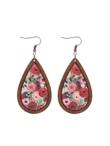 Vintage bohemian teardrop wooden earrings with colorful vibrant floral print inlay