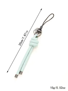 Close-up of mint green braided leather phone charm with 20cm length and 15g weight details