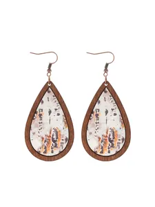 Detailed view of bohemian teardrop earrings with natural wood frame and printed texture