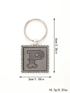 Detail view of leather letter P keychain with 3cm width and 6cm height measurements