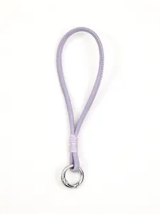 Detail of purple textured phone wrist strap with silver metal clasp attachment