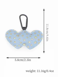 Detail view showing dimensions and weight of denim double heart star keychain