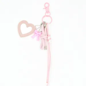 Pink heart leather mirror keychain with bow and woven cord bag charm