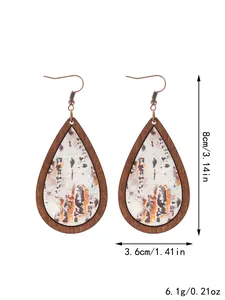 Bohemian teardrop wooden earrings with birch bark pattern, 8cm length, detail view