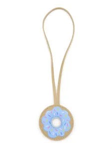 Detailed view of the donut-shaped PU leather bag charm with blue icing and sprinkles.
