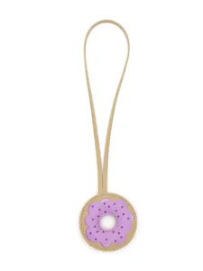 Detailed view of a cute PU leather donut bag charm with purple frosting and strap