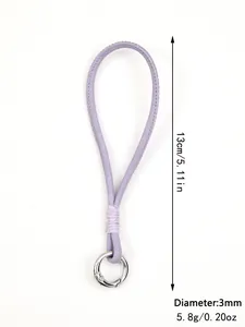 Detail view of purple braided phone wrist strap with 13cm length and 3mm diameter specs