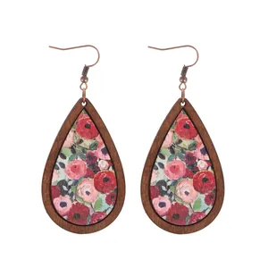 Bohemian vintage wooden teardrop earrings featuring a vibrant floral pattern design