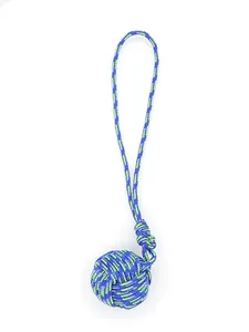 Detail view of a handcrafted blue and yellow woven polyester monkey fist knot charm