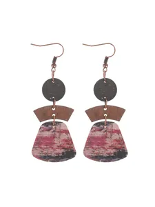 Bohemian multi-layer cork drop earrings with pink abstract geometric patterns
