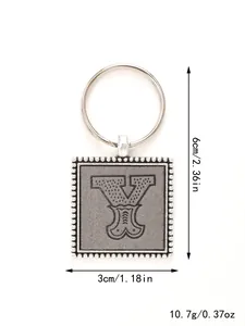 Detailed view of silver-tone metal letter Y keychain with clear size and weight labels.