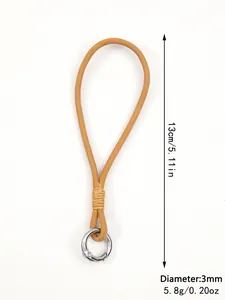 Close-up detail of hand-woven leather phone wrist strap showing dimensions and weight