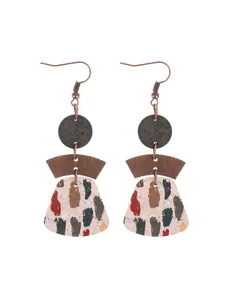 Bohemian multi-layer geometric cork earrings featuring colorful abstract paint patterns