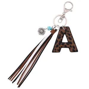 Western style leopard print leather letter A keychain with colorful decorative tassels