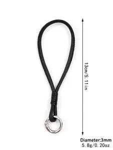 Detail view of a black handmade phone wrist strap with length and weight measurements.