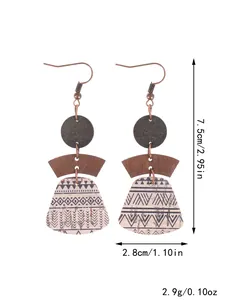 Detailed view of bohemian cork earrings with 7.5cm length and geometric patterns