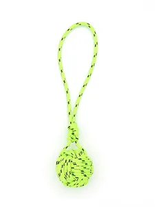 Detail of handmade fluorescent green polyester monkey's fist knot keychain pendant