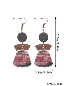 Bohemian style multi-layer geometric cork drop earrings shown with size and weight specs