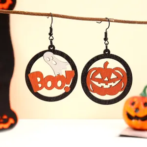 Halloween Wood Drop Earrings for Women Pumpkin Skull Ghost Bat Print Wooden Dangle Earrings Alloy Hook Festive Party Jewelry