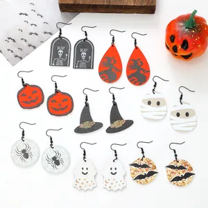 Halloween themed wooden dangle earrings collection with pumpkins, ghosts and skeletons