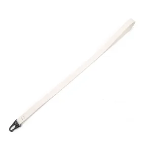 Detailed view of durable cream PU leather lanyard featuring a black metal swivel snap hook