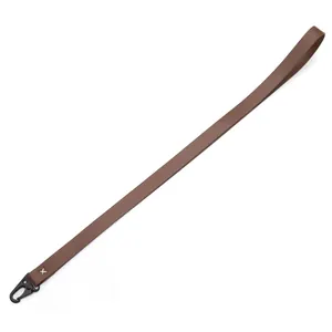 Long brown PU leather lanyard featuring a black metal clasp and decorative cross-stitch detail