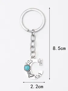 Detailed silver letter C keychain with turquoise stone and cactus engravings, 8.5x2.2cm