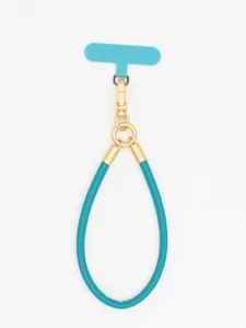 Close-up of teal PU leather phone lanyard strap with elegant gold hardware detail