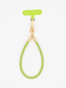 Detailed view of neon green PU leather phone wrist strap with gold-tone metal clasp