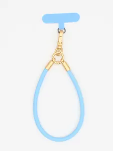 Detail of a light blue PU leather phone lanyard with elegant gold-toned metal clasp.