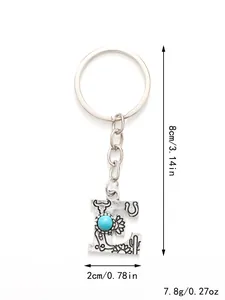 Vintage western style letter E alloy keychain with turquoise stone and dimensions