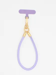 Detailed view of purple PU leather phone lanyard with golden metal clasp and gasket