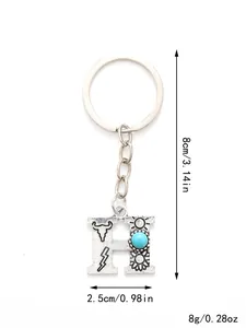 Detailed product view of a silver H-letter alloy keychain with turquoise and dimensions