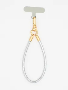 Detail view of a silver PU leather phone lanyard featuring premium gold metal hardware