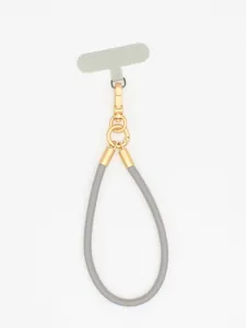 Detailed view of gray PU leather phone lanyard with premium gold metal clasp and patch