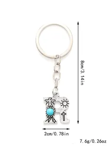 Detailed view of the letter R turquoise keychain with specific height and weight measurements