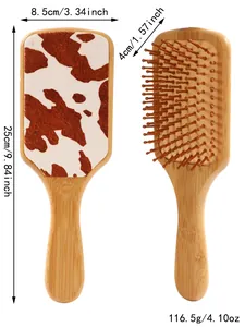 Western style bamboo hair brush with cowhide pattern, dimensions 25x8.5cm detail