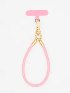 Close-up view of a pink PU leather phone lanyard featuring premium golden hardware clips
