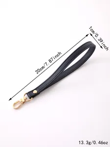 Detail view of dark blue leather wrist strap with gold clasp showing measurements