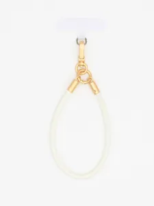 Detail view of a white PU leather phone strap with elegant gold-colored hardware.