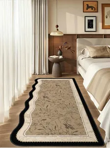 Vintage French style floral loop velvet bedside runner rug in a cozy bedroom setting