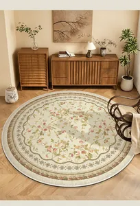 Retro floral circular loop pile rug displayed in a minimalist modern living room